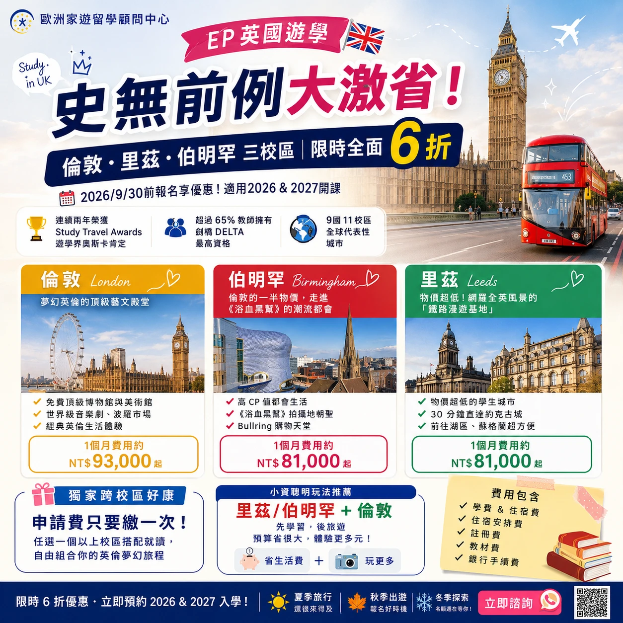 🇬🇧 英國遊學史上最殺優惠！English Path 倫敦、里茲、伯明罕限時學費 6 折，2026、2027 都能用！