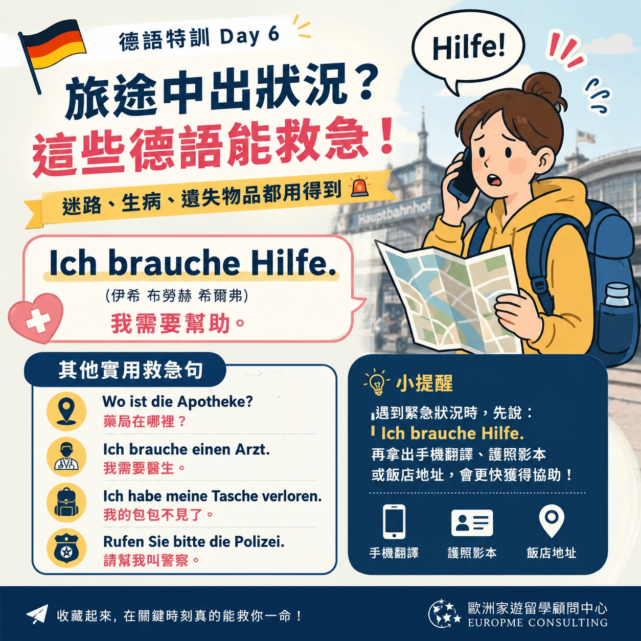 🇩🇪【德語特訓 Day 6】在德國迷路、生病、包包不見怎麼辦？這幾句德語真的能救急！