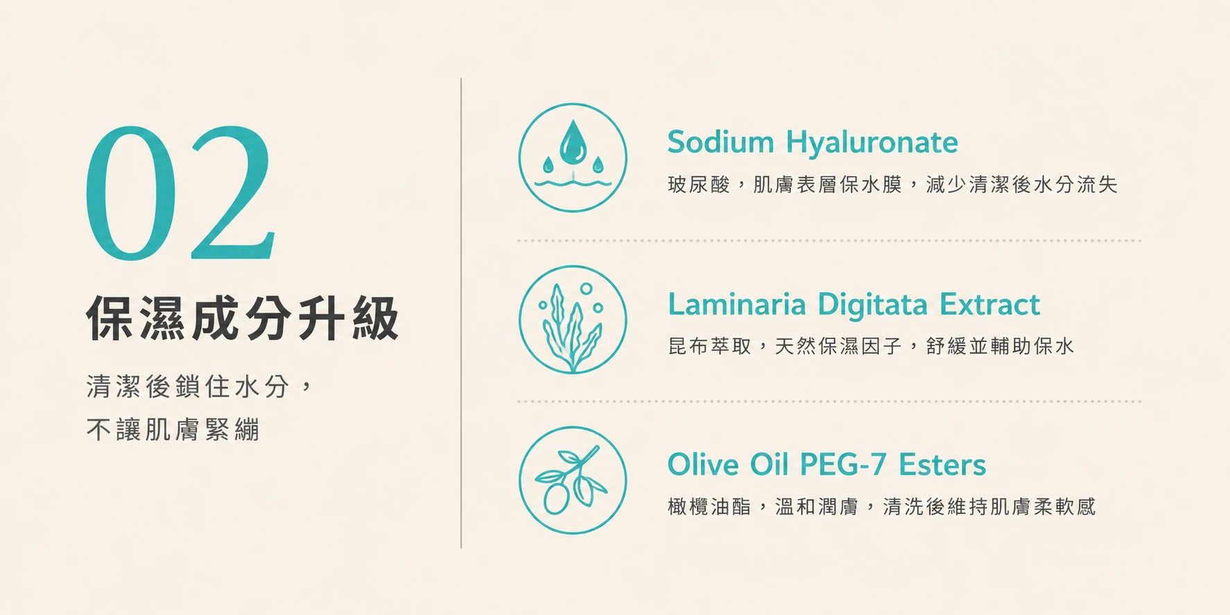 胺基酸潔膚霜保濕成分升級，玻尿酸、昆布萃取與橄欖油酯
