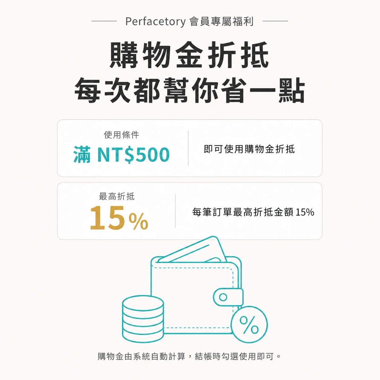 專顏制所會員購物金折抵 滿500元可使用最高折抵15%