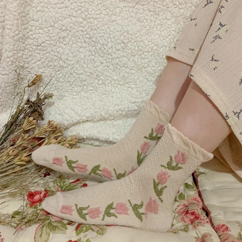 現貨🌷花日屋🌷日本製 襪子 立體花紋 古著襪 鬱金香 襪 花襪 靴下 長襪 棉襪 止滑 除臭 排汗 日系 鬆口 日