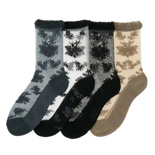 花日屋＊日本製 花圖騰 蕾絲 花邊 日本襪 日系穿搭 單色 短絲襪 花系 水晶襪 玻璃絲襪 棉底 長襪 襪子