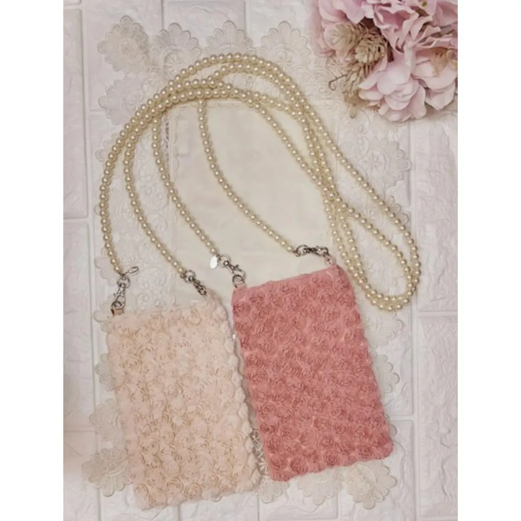 發票🌷日本 La luice 立體玫瑰 珍珠背帶 手機包 側背 斜背 浪漫夢幻 高質感 蕾絲 日本代購 袋子 包包 日系
