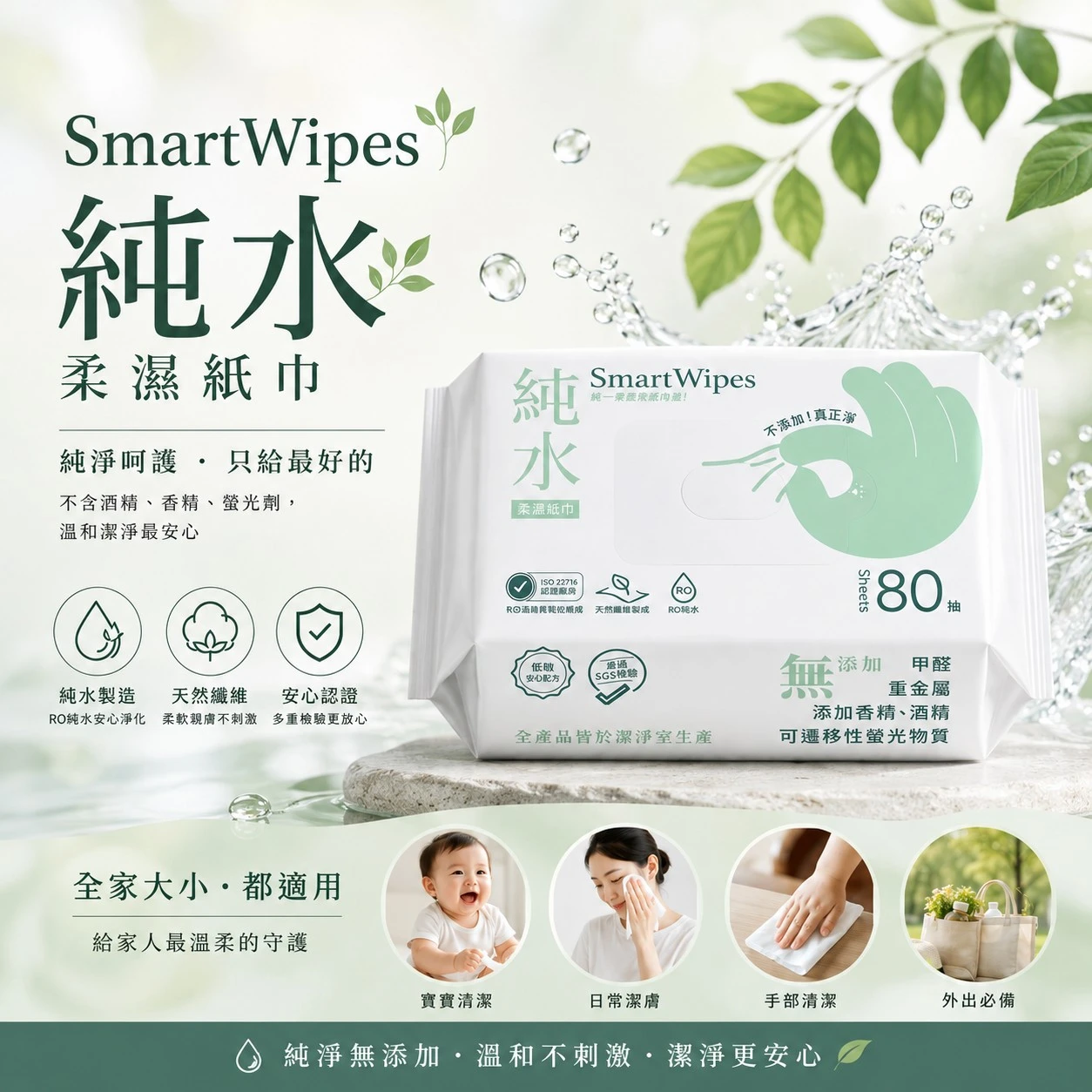 【💰超省 smart wipes 純水濕紙巾80抽】濕紙巾 柔濕巾 不連抽濕巾 台灣製免運(現)