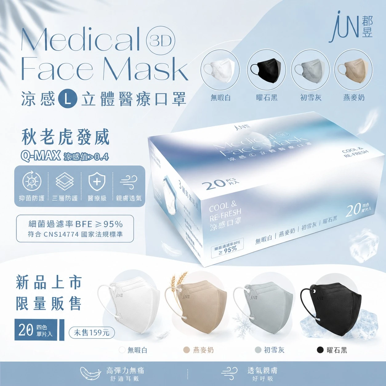【郡昱成人3D】涼感系列四色 立體醫療口罩 瘦臉 台灣製  20片/盒
