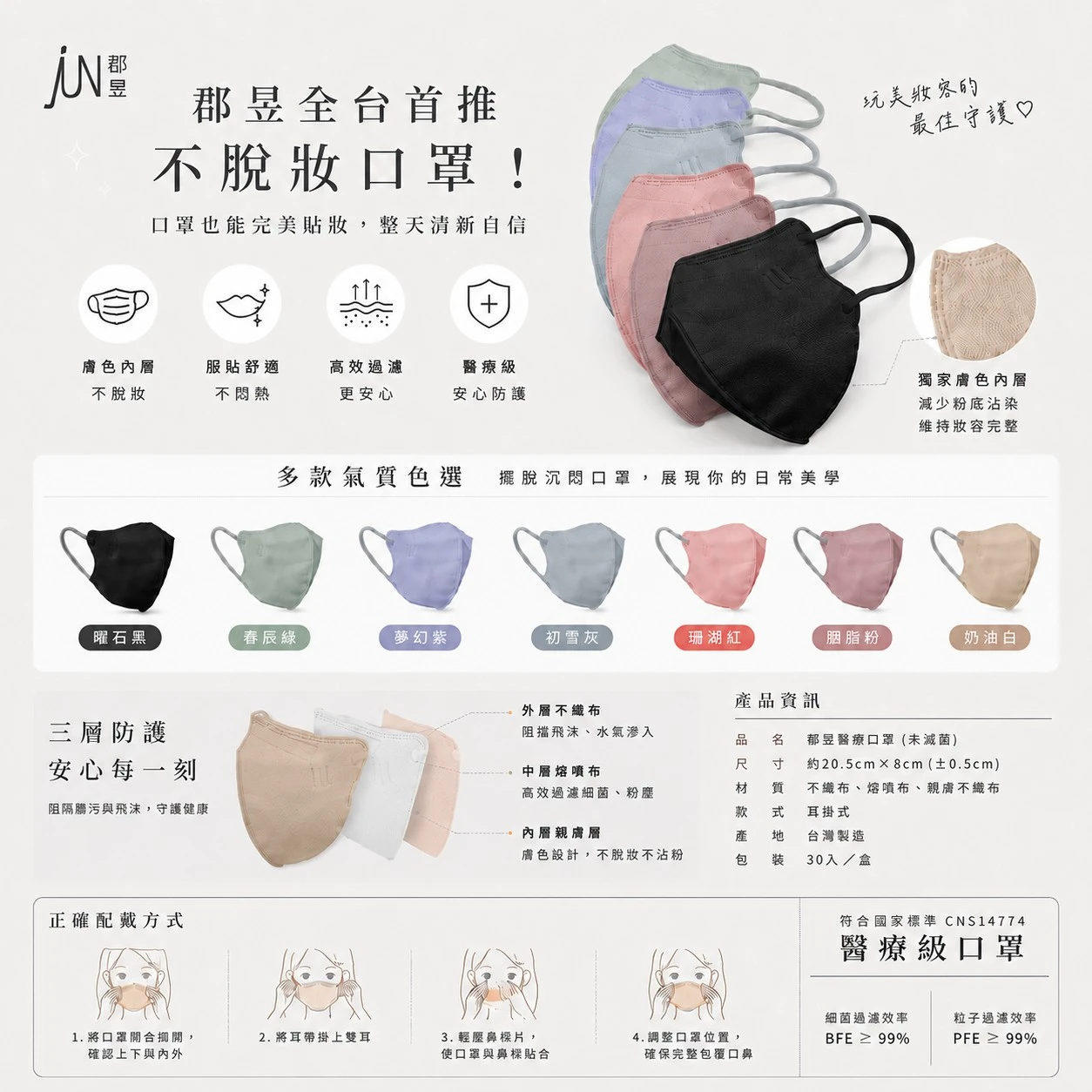 【郡昱-新升級3D不脫妝防護口罩】獨家小臉版型 單片裝 30入