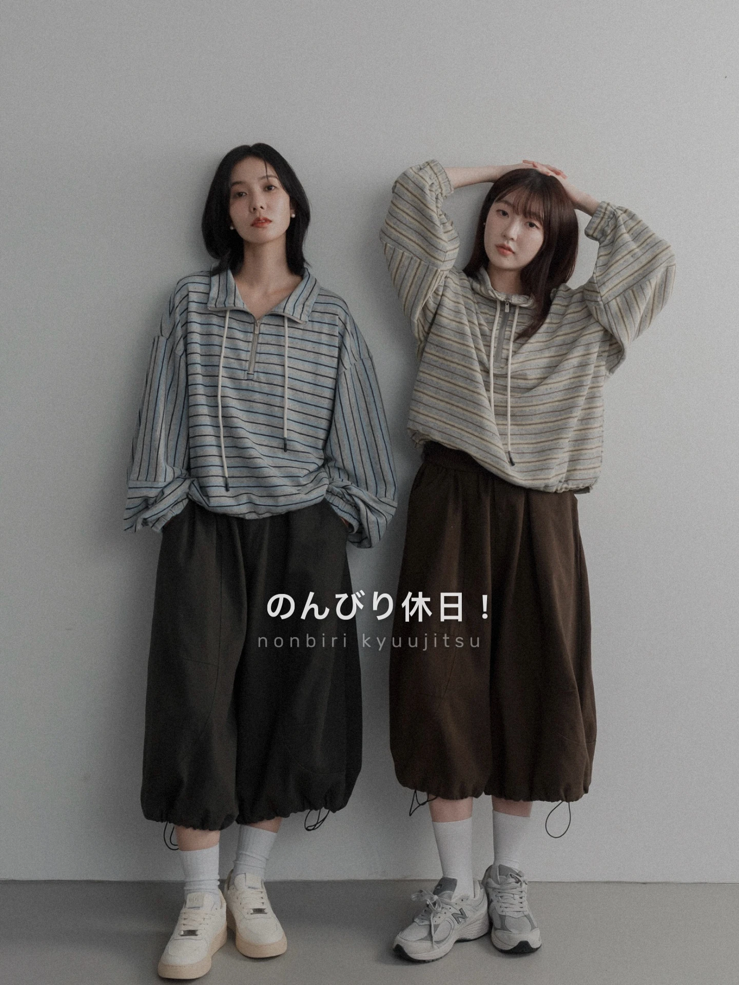 6ST14-のんびり休日！nonbiri kyuujitsu｜休閒混紗感柔膚細條紋寬鬆拉鍊立領上衣 / 2 colors.