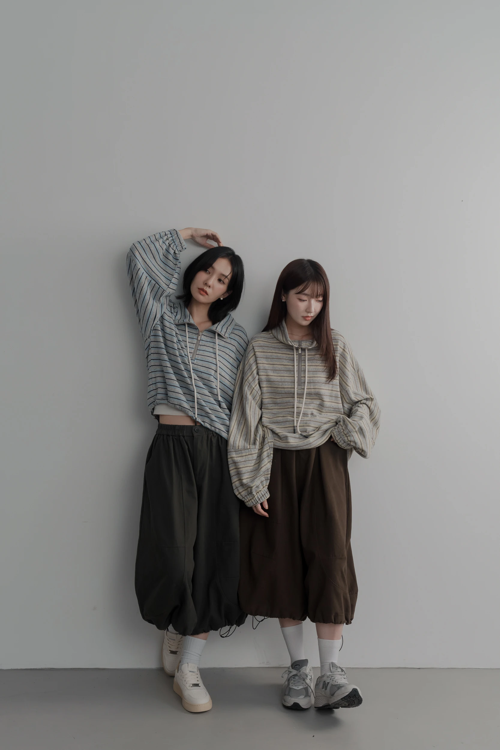 6ST14-のんびり休日！nonbiri kyuujitsu｜休閒混紗感柔膚細條紋寬鬆拉鍊立領上衣 / 2 colors.