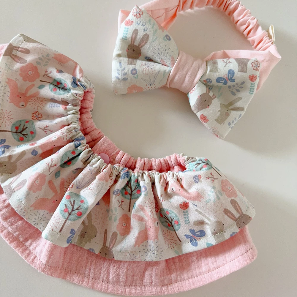 (5天快出)粉灰兔的花草生活 Blush & Grey Bunny Garden 荷葉圍兜+寶寶髮帶 Baby shower gifts