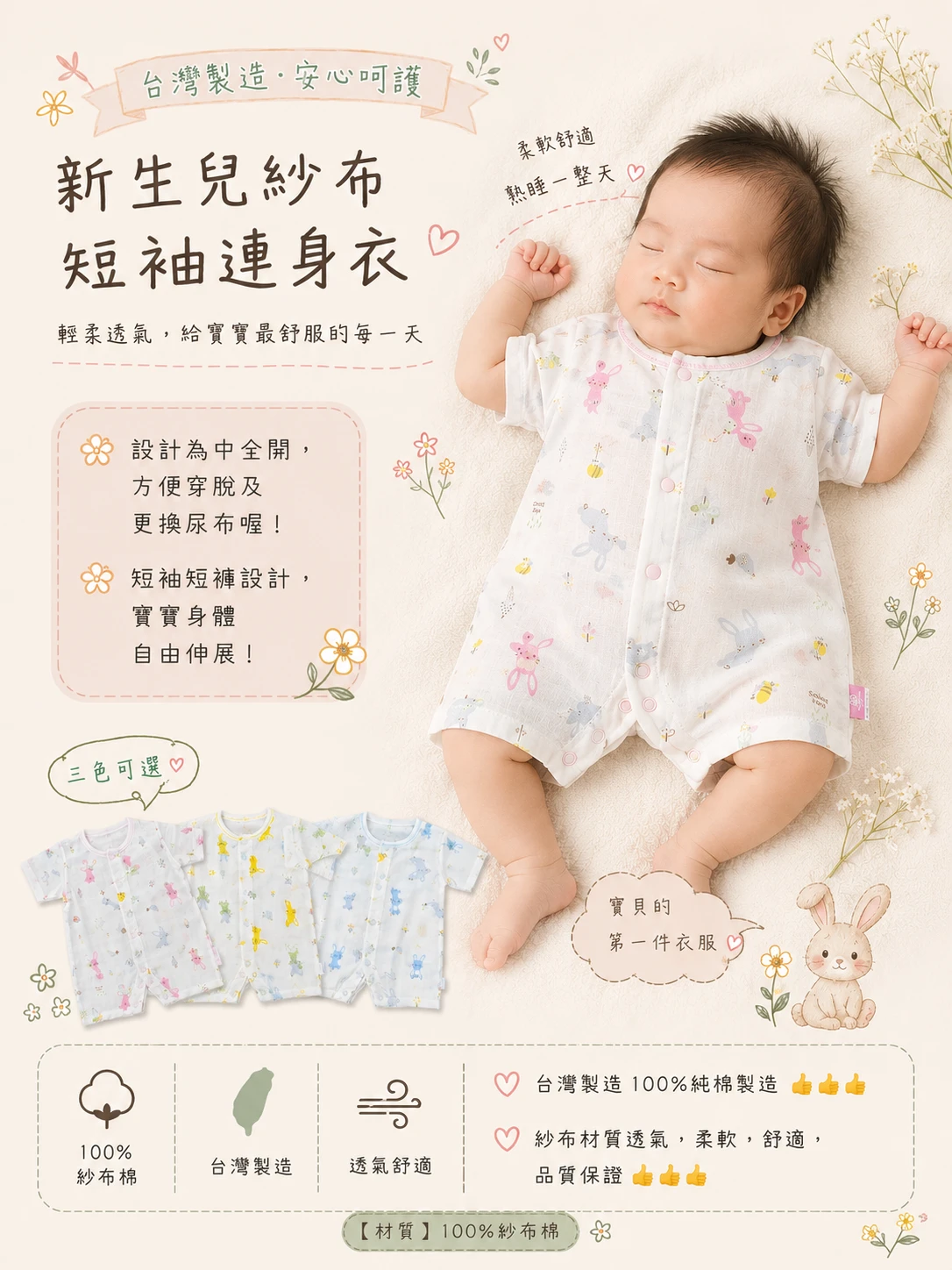 (現貨)台灣製MIT嬰兒紗布衣 短袖連身服 嬰兒衣服 新生兒衣服 蝴蝶衣 紗布衣51835