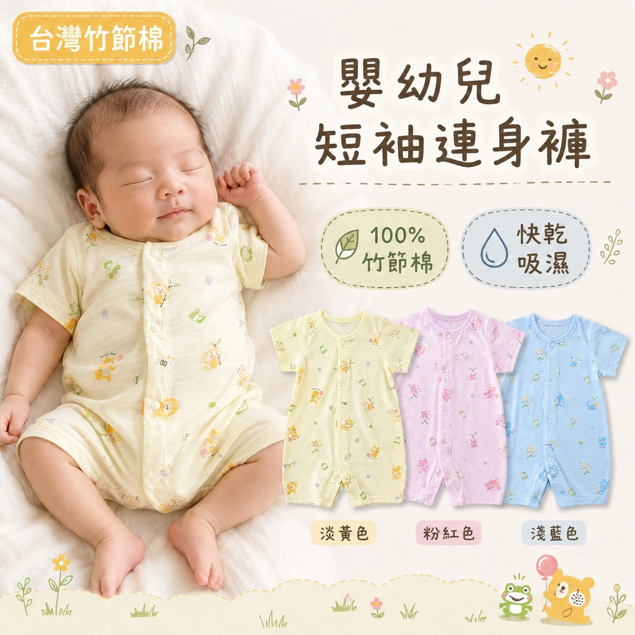 (現貨)台灣製嬰幼兒短袖連身褲｜100%竹節棉透氣快乾｜新生兒寶寶衣