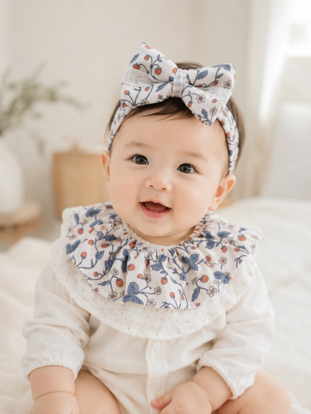 (5天快出)紫藤草莓漫漫 Wisteria & Strawberry Harmony  荷葉圍兜+寶寶髮帶 baby shower gifts