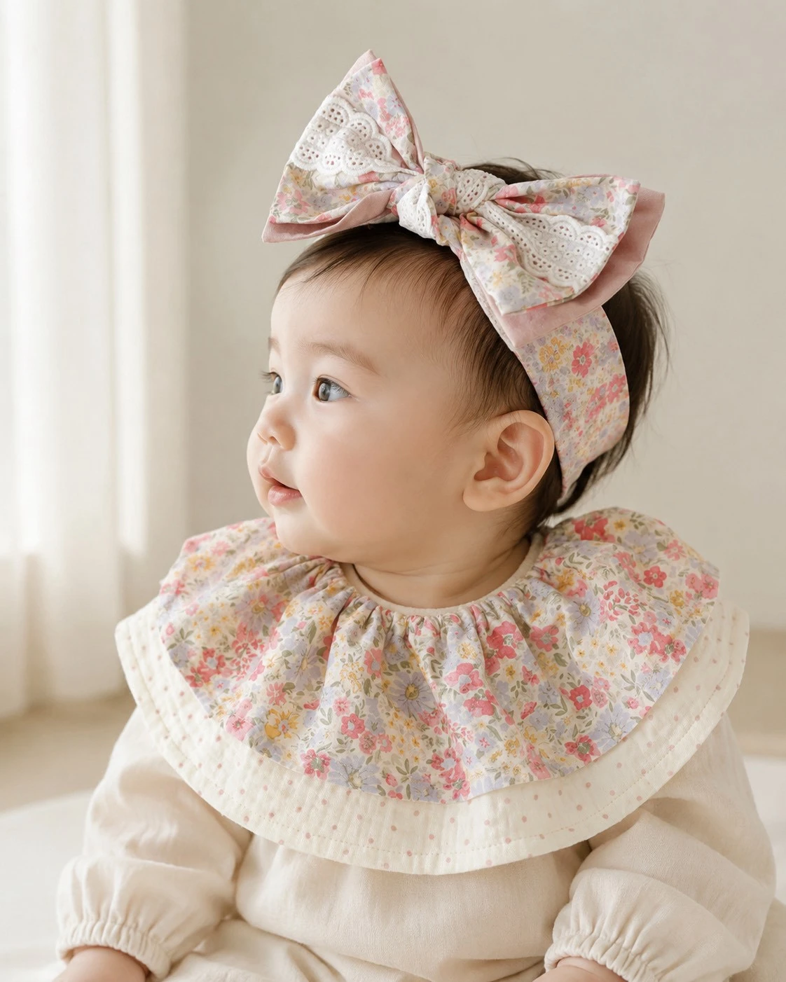 (5天快出)英倫晨曦花園 Morning Bloom in London Garden 荷葉圍兜+寶寶髮帶 baby shower gifts