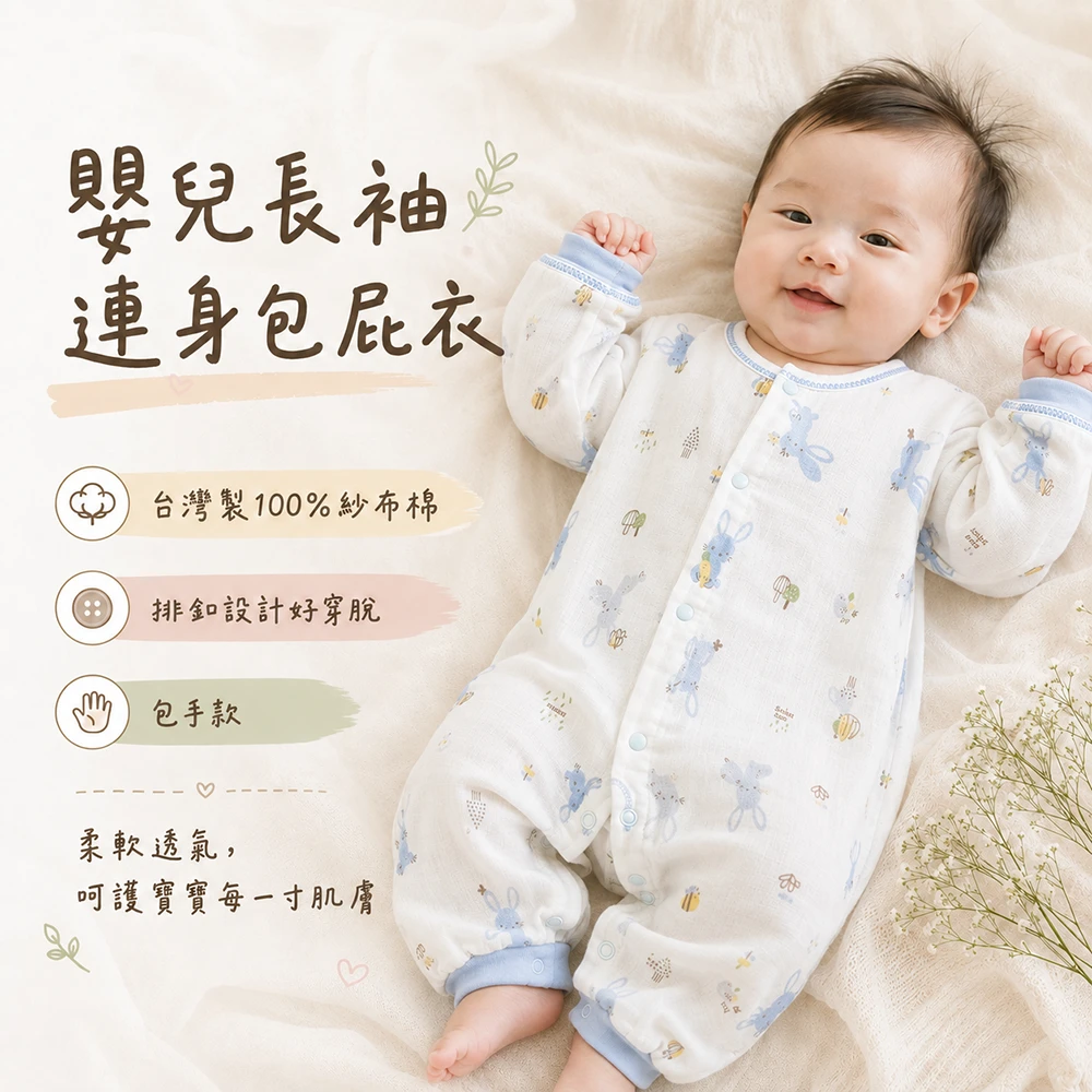 (現貨)台灣製MIT包手紗布衣 嬰兒包屁衣 台灣製 花草植兔紗布包屁衣 嬰兒兔裝 寶寶連身衣 紗布衣 31818