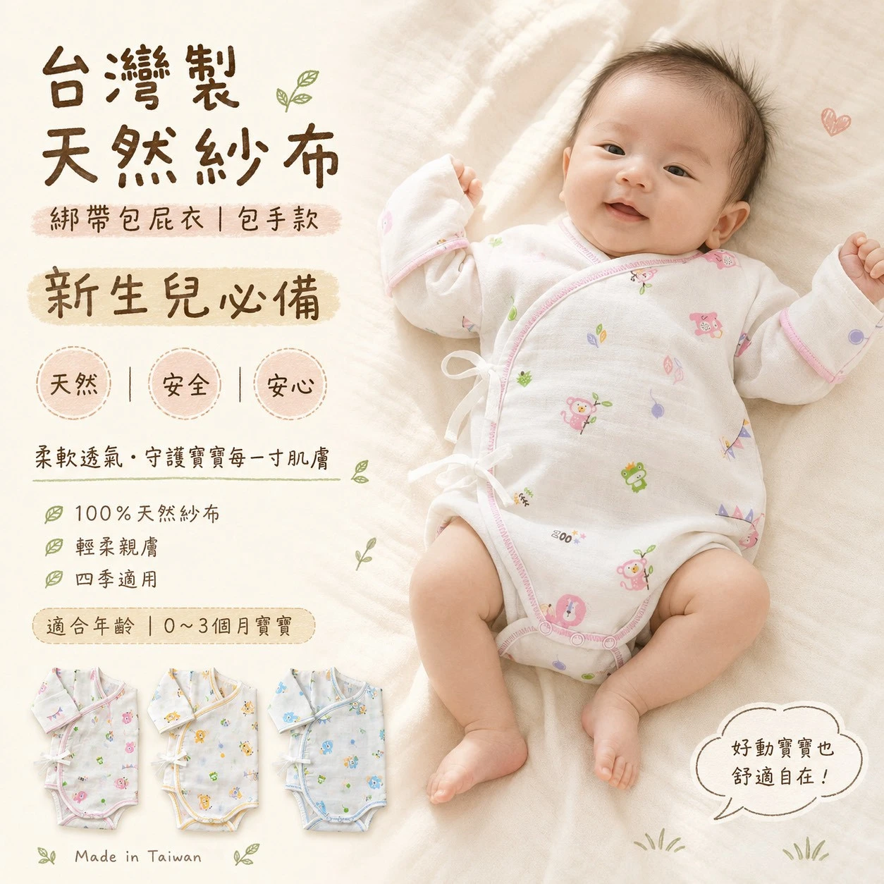 現貨 台灣製新生兒綁帶柔軟紗布包屁衣(有包手)61628