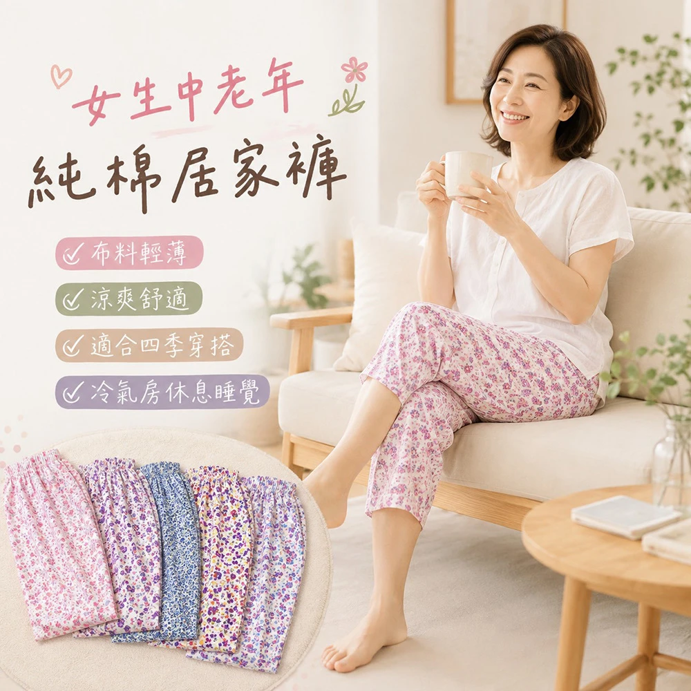 現貨 台灣製女生七分褲 腰鬆緊居家褲 韓系碎花