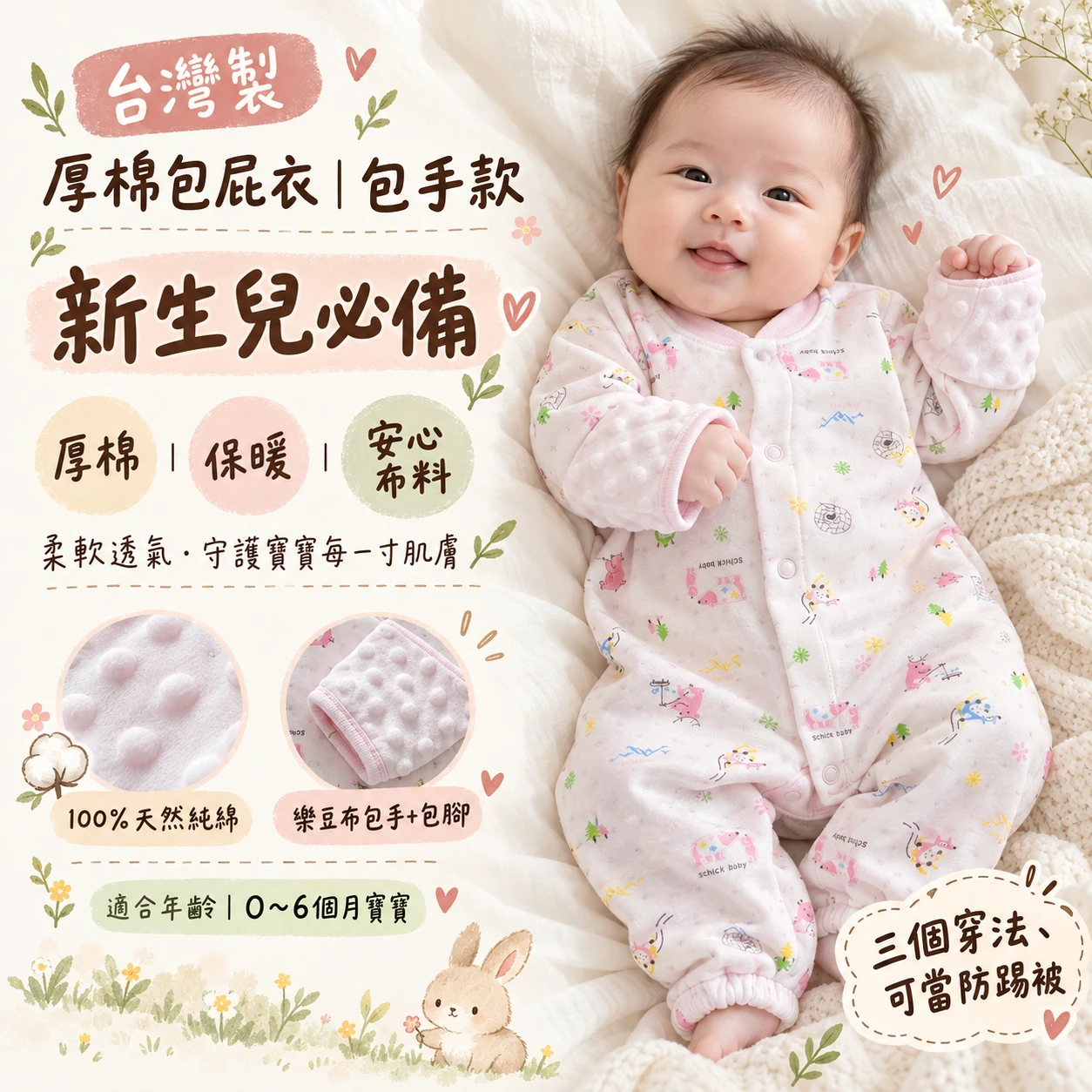 現貨-寒流必備包手包腳-台灣製厚棉嬰兒包屁衣 三層棉保暖包手蝴蝶衣紗布衣12842