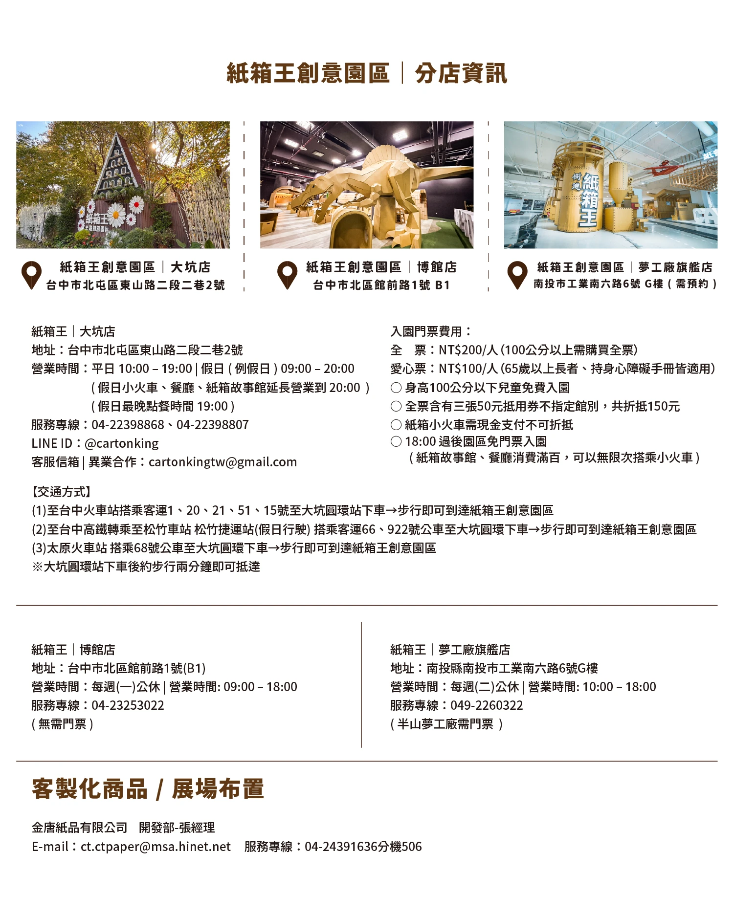 紙箱王創意園區分店資訊：台中大坑店、博館店與夢工廠旗艦店