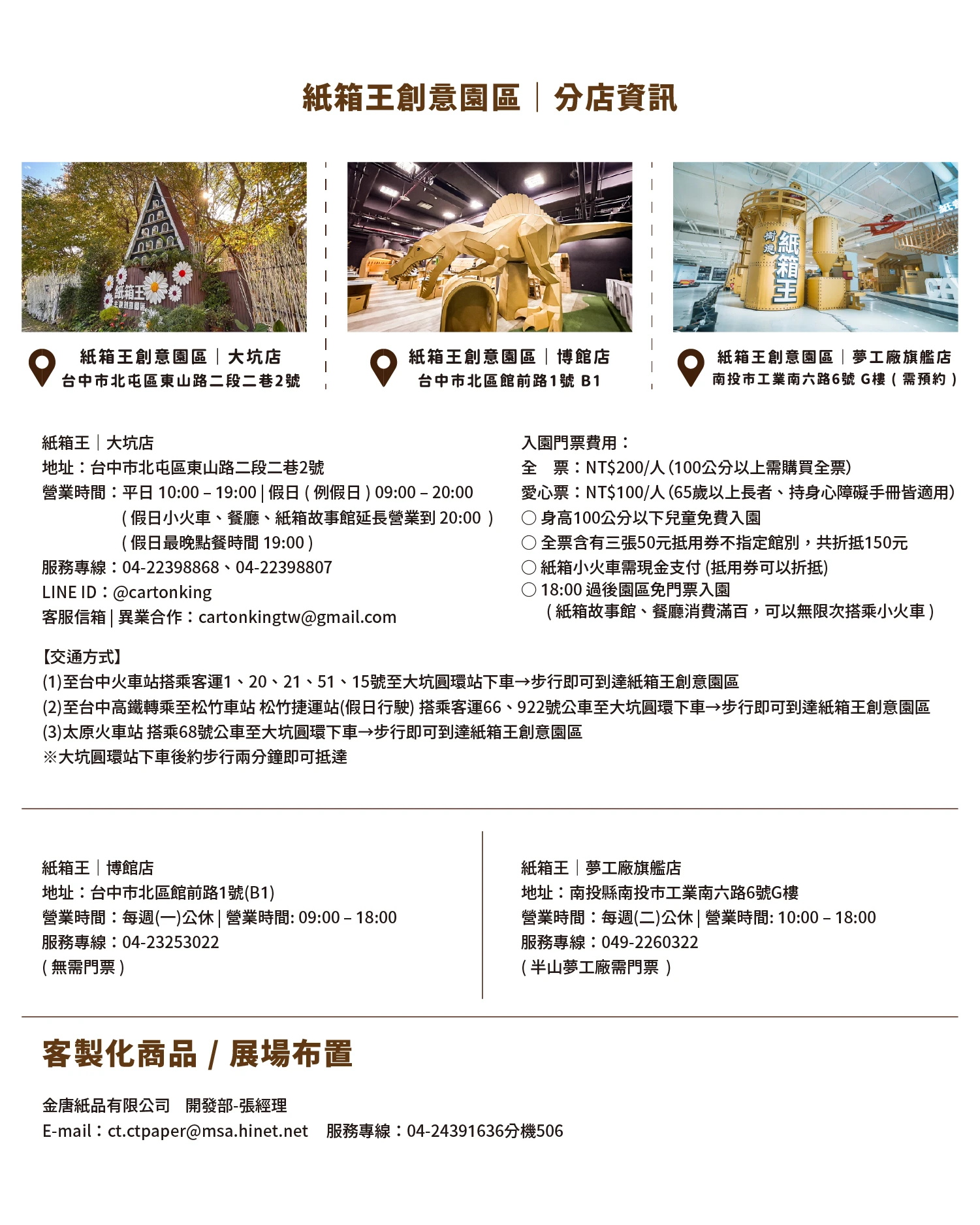 紙箱王創意園區分店資訊：台中大坑店、博館店與夢工廠旗艦店