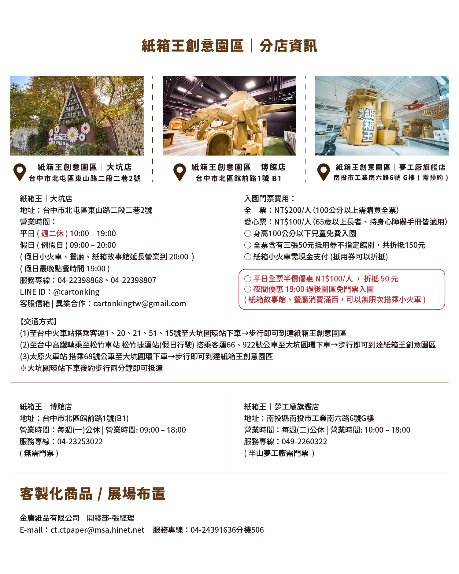 紙箱王創意園區分店資訊：台中大坑店、博館店與夢工廠旗艦店