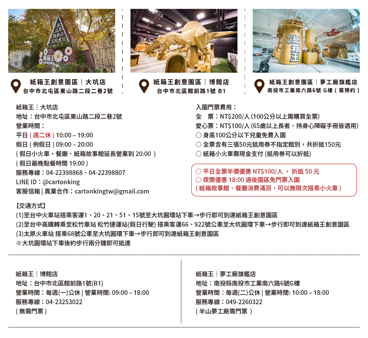 紙箱王創意園區分店資訊：台中大坑店、博館店與夢工廠旗艦店