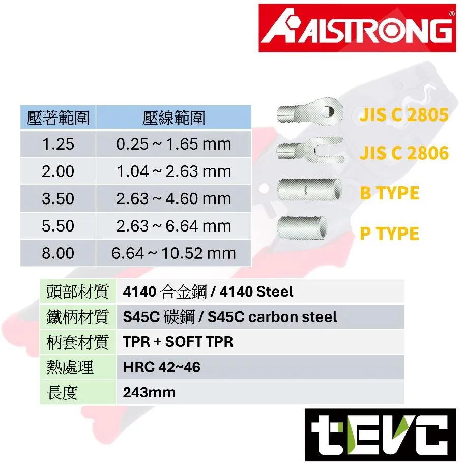 《tevc》ALSTRONG 省力棘輪壓著鉗 <1.25-8> LGT-08