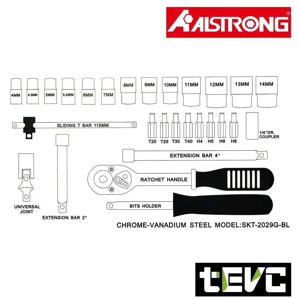 《tevc》ALSTRONG 2分 兩分 藍帶套筒29件組 套筒 72齒 棘輪 板手 起子 2029G-BL