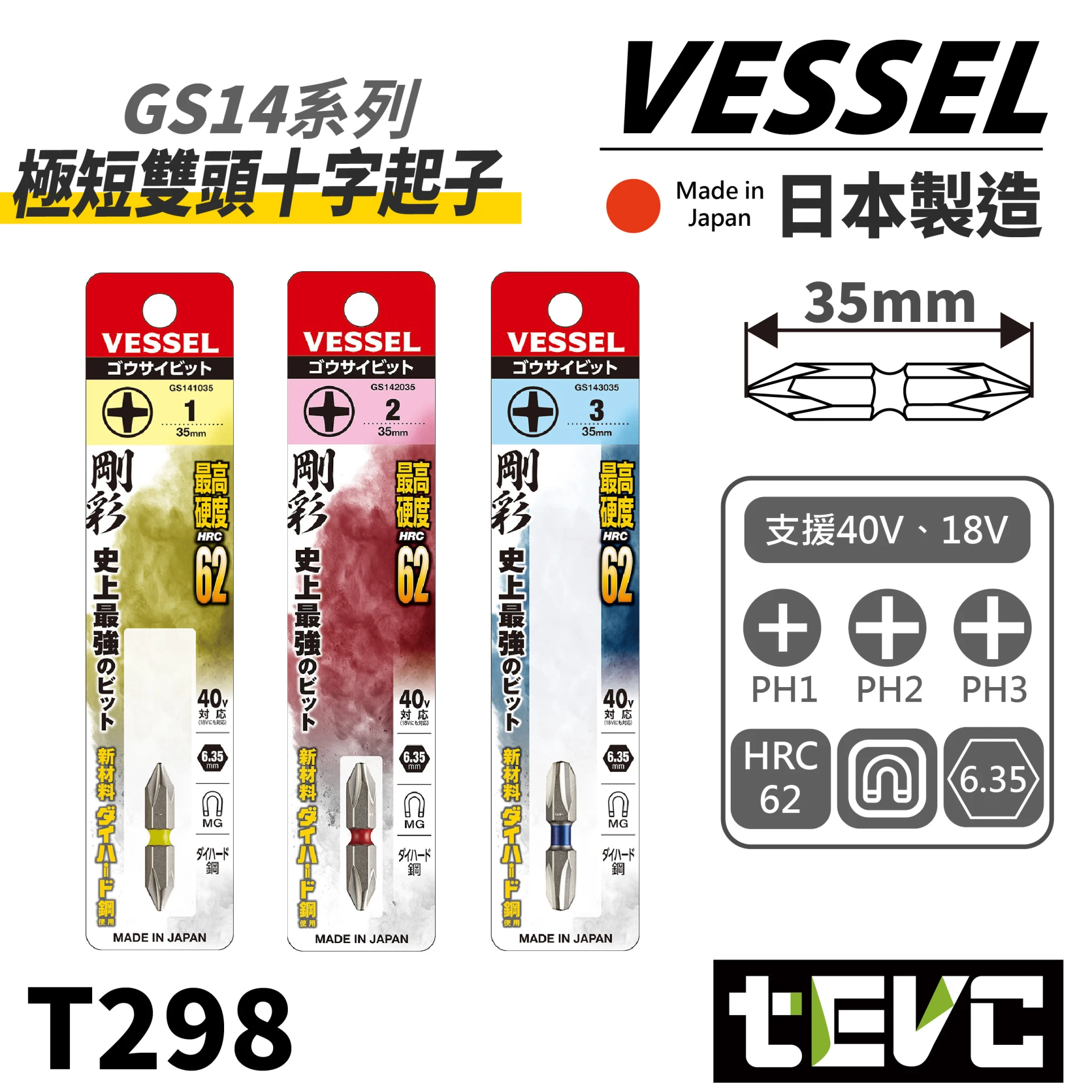 《tevc》VESSEL 日本製 剛彩 40V 極短 雙頭 十字 起子頭 GS14
