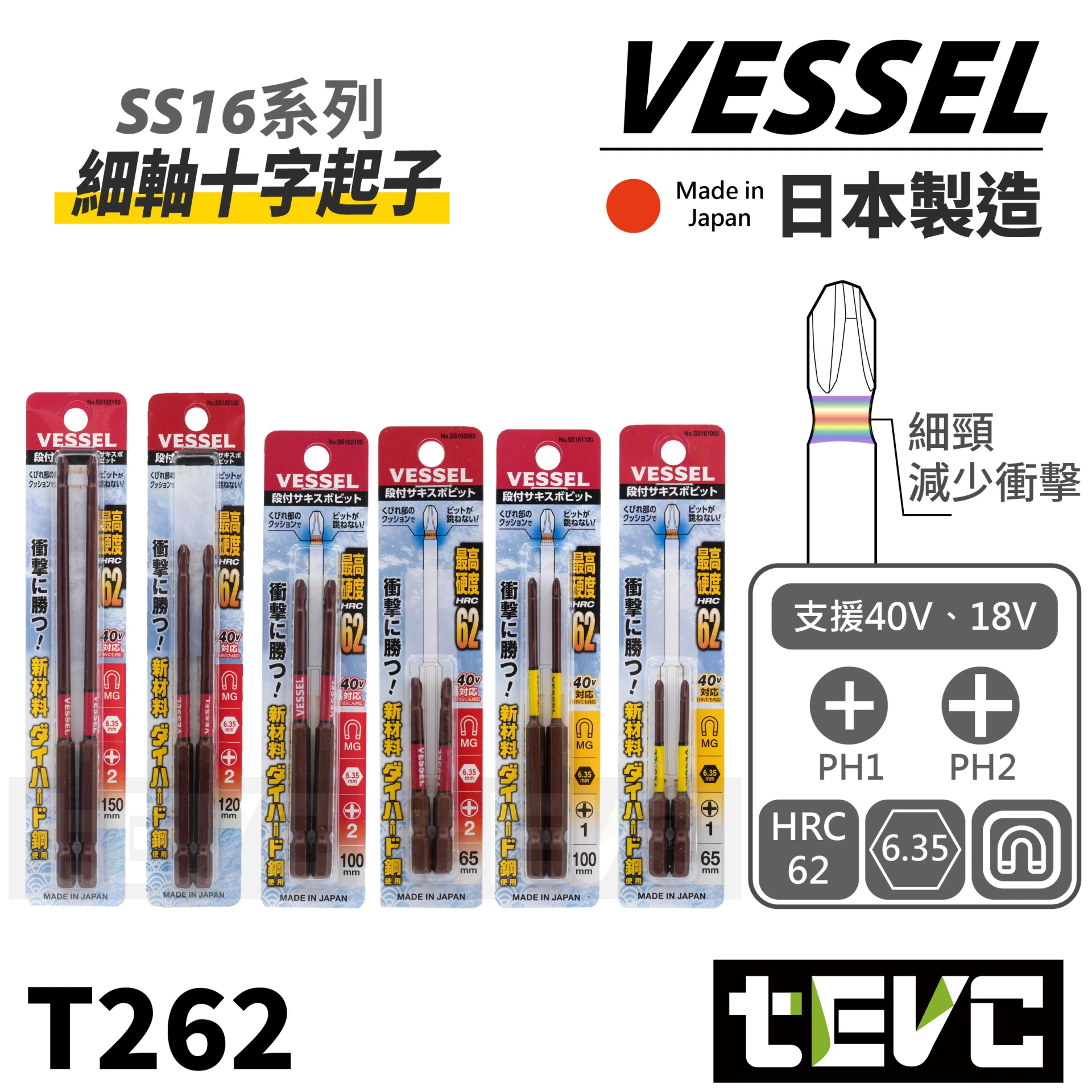 《tevc》VESSEL 日本製 精密 十字 細軸 高扭力 PH1 PH2 起子頭 SS16