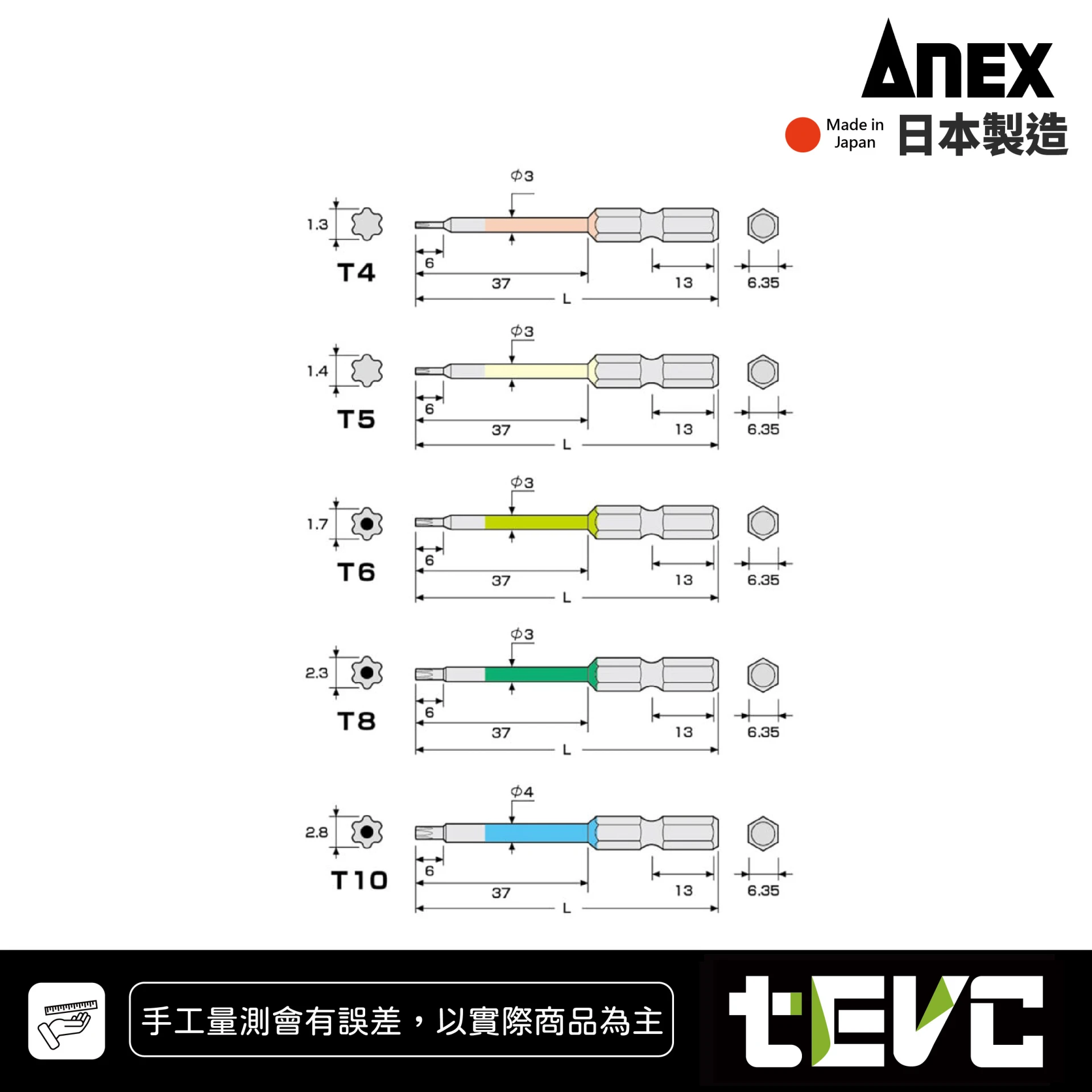 《tevc》ANEX 日本製 安耐適 ACTX5-65L2  星型 星型中空 精密 起子頭組