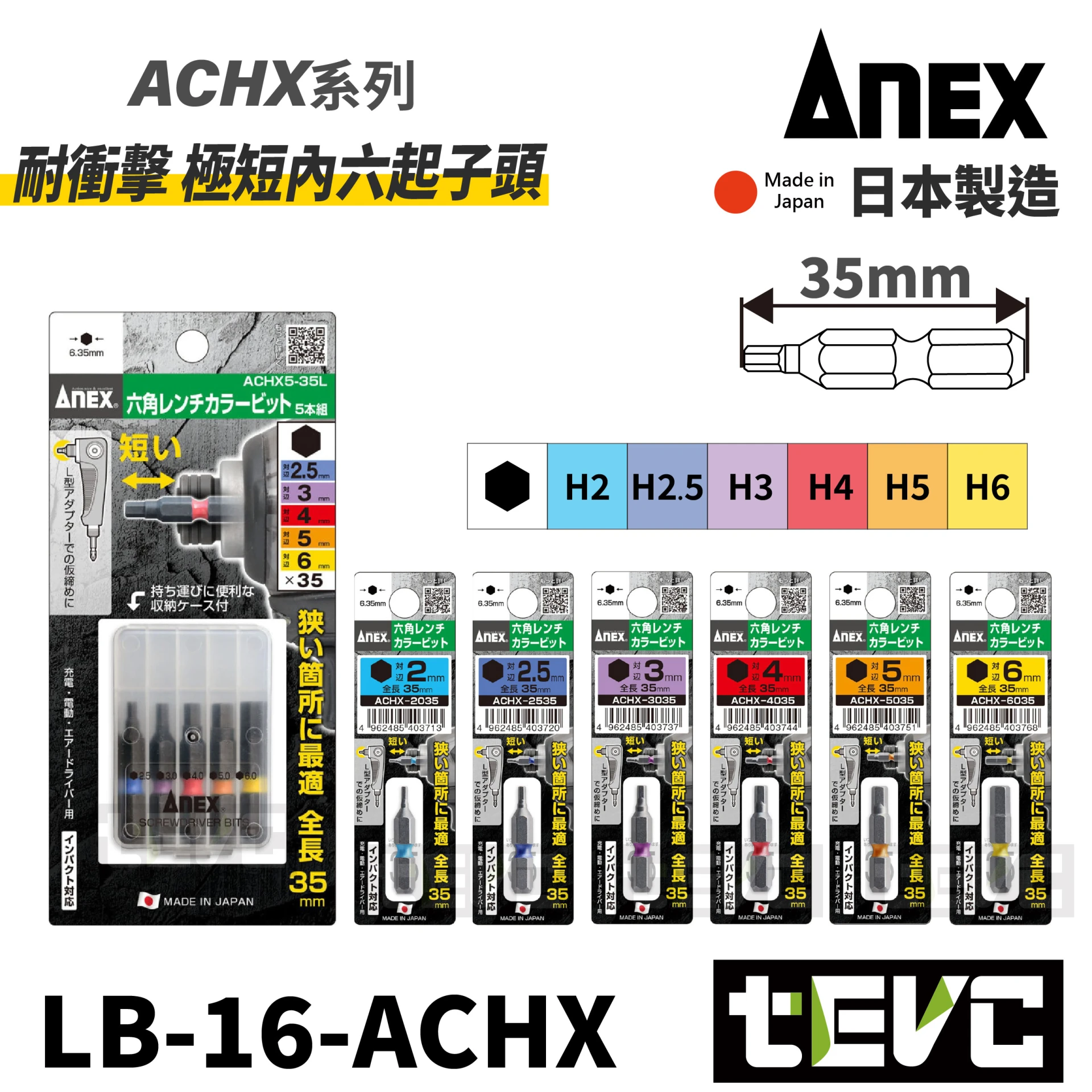 《tevc》ANEX 安耐適 日本製 耐衝擊 極短 內六角 起子頭 ACHX