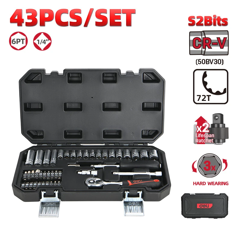 《tevc》deli tools 得力工具 43件 二分套筒組 1/4"套筒組 EDQ41043