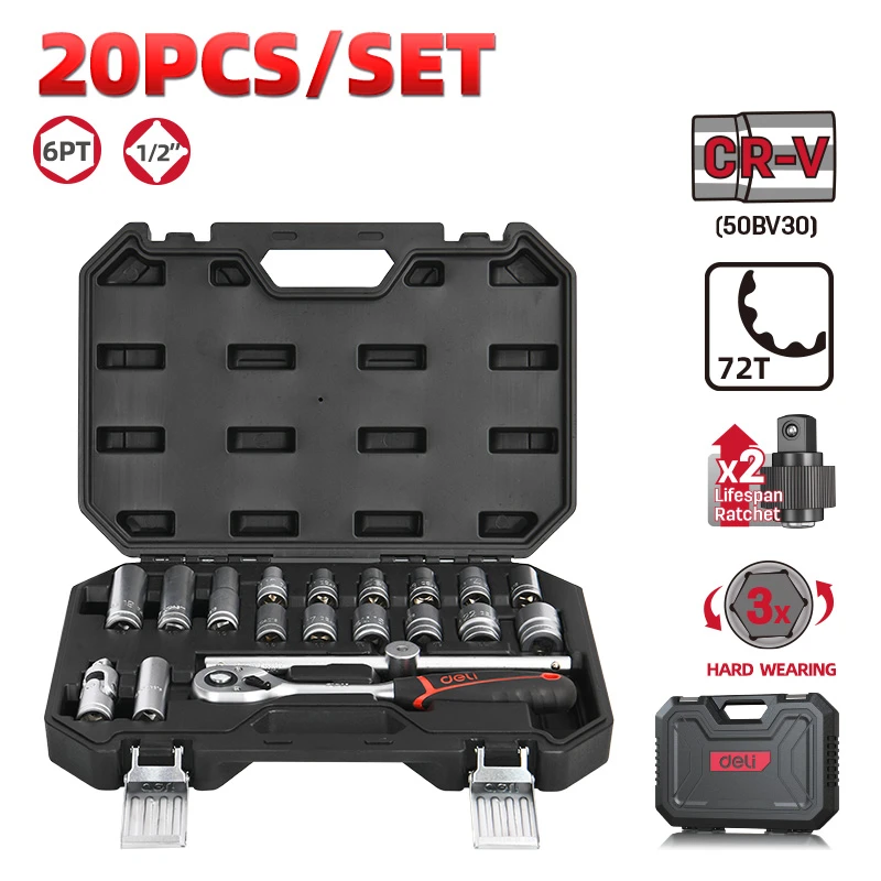 《tevc》deli tools 得力工具 20件 四分套筒組 1/2"套筒組 EDQ43020