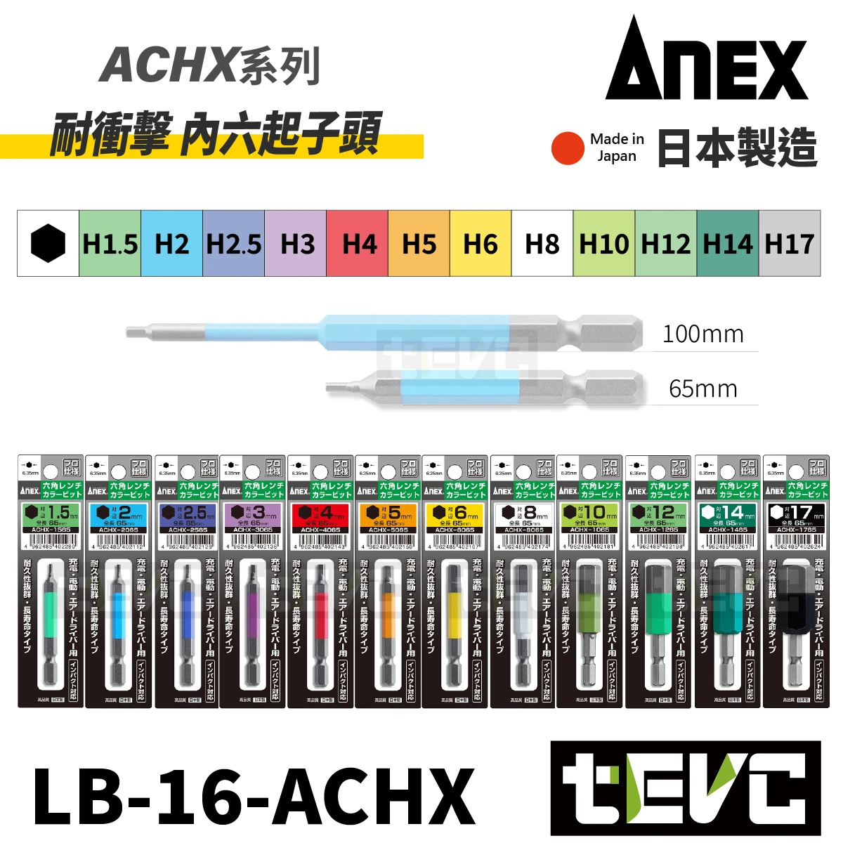 《tevc》ANEX 日本製 安耐適 耐衝擊 彩色 六角 內六角 起子頭 ACHX