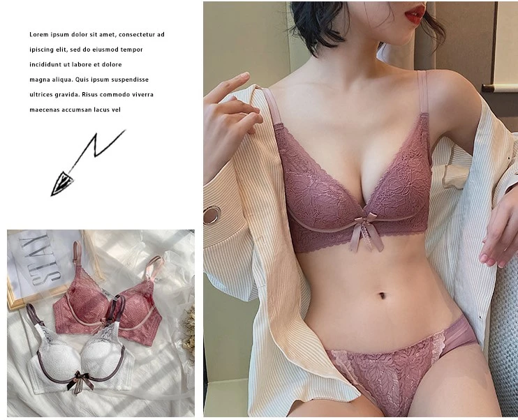 緞帶蝴蝶結深V包副乳無鋼圈聚攏內衣(香草紫)