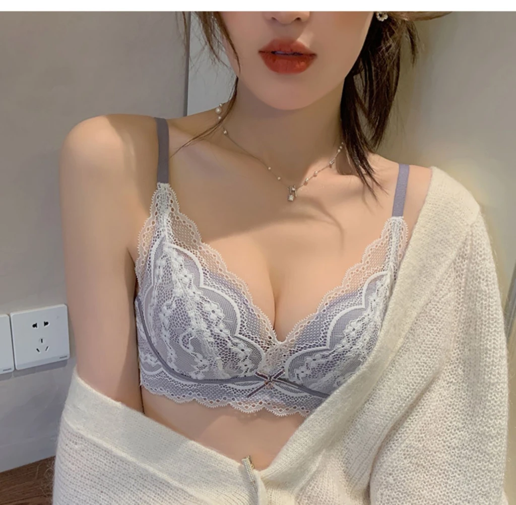 蕾絲無鋼圈集中內衣(灰藍)
