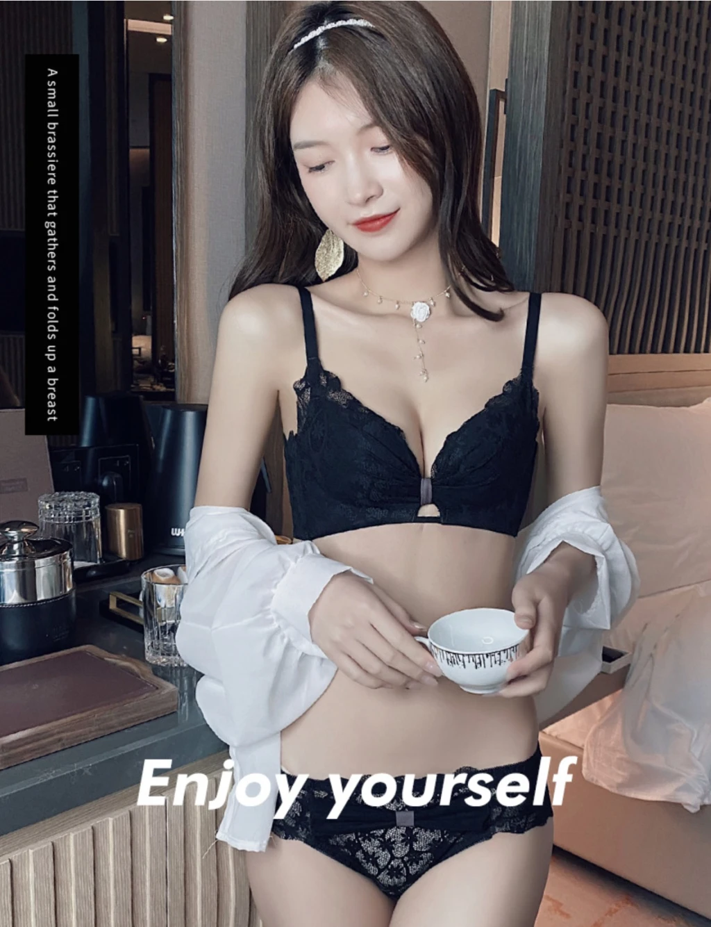 蕾絲無鋼圈零束縛包副乳集中內衣(黑)
