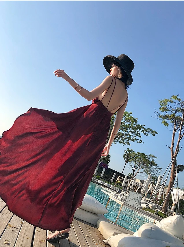 酒紅緞面美背度假洋裝