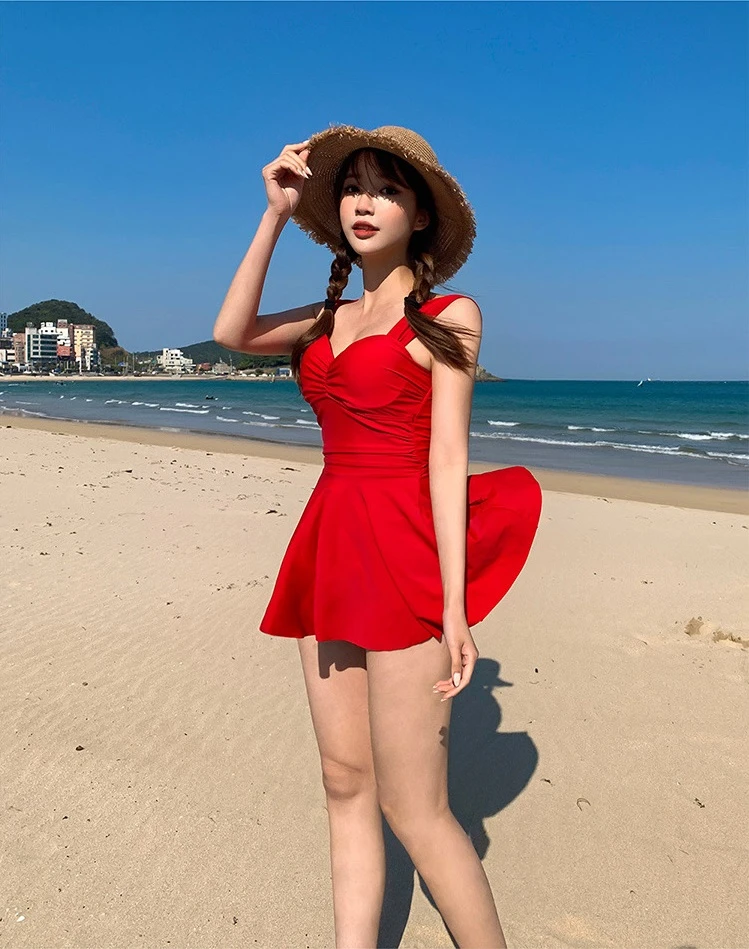 韓版紅色美背連身泳裝