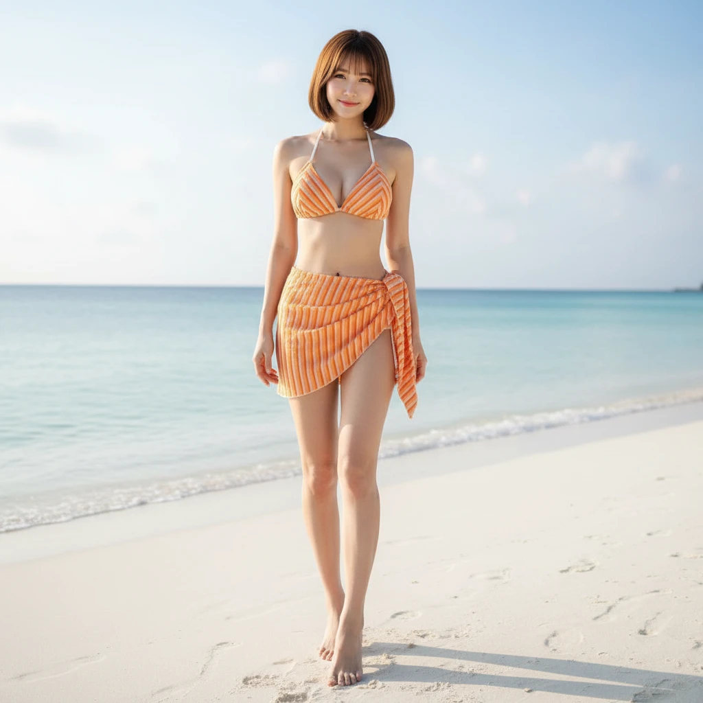 夕陽橘波紋繫帶比基尼三件式