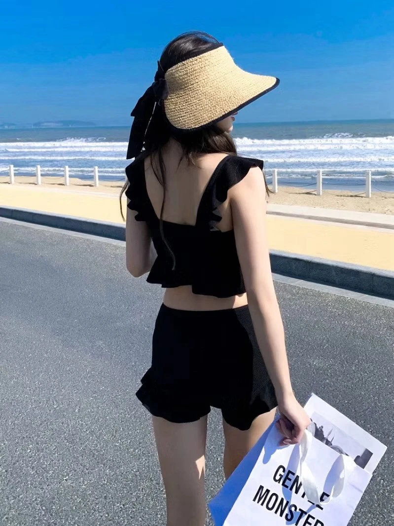 螺紋荷葉邊兩截式泳衣(黑)