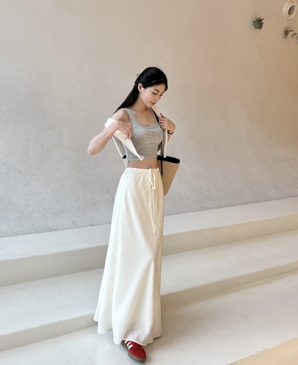 米白色仙女絲綢長裙
