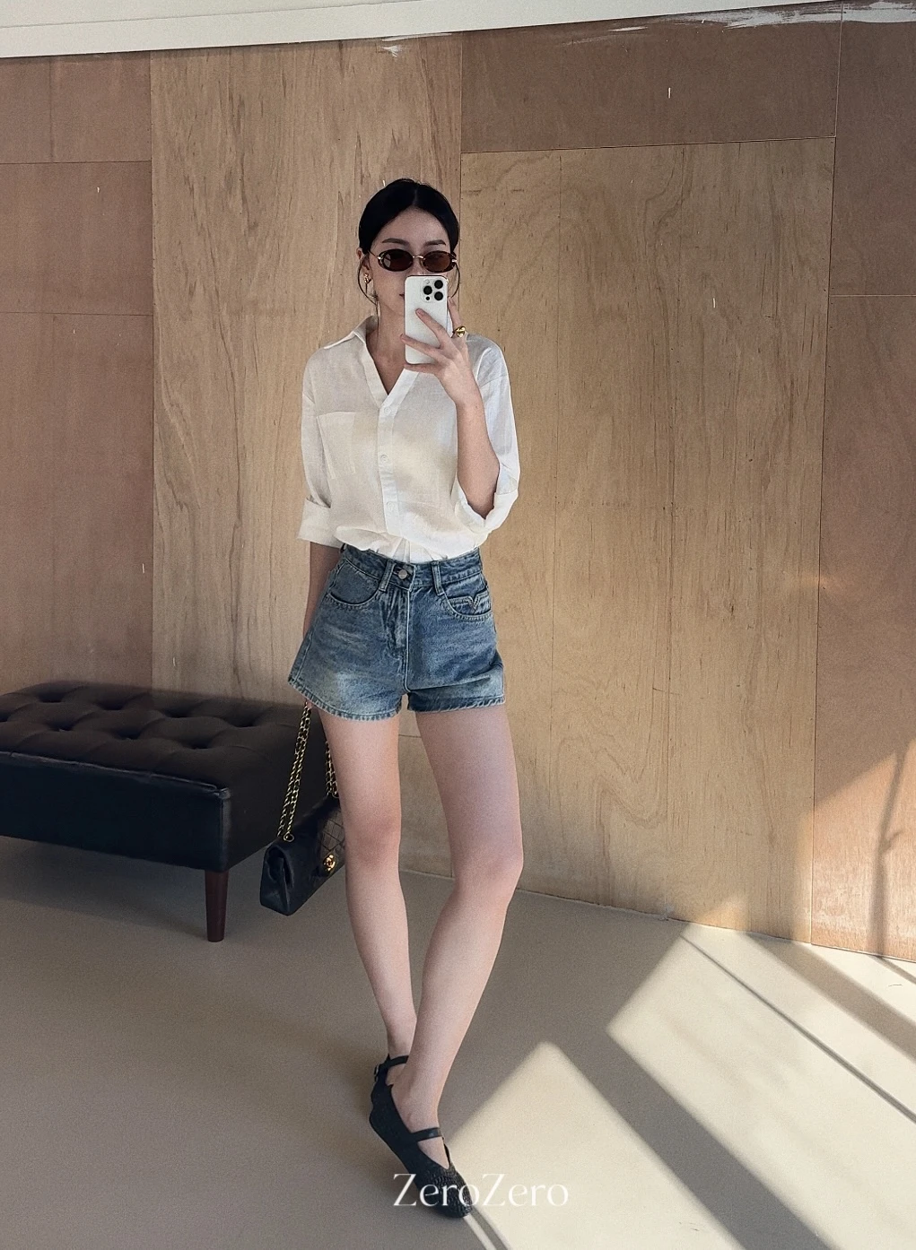 亞麻V領白襯衫