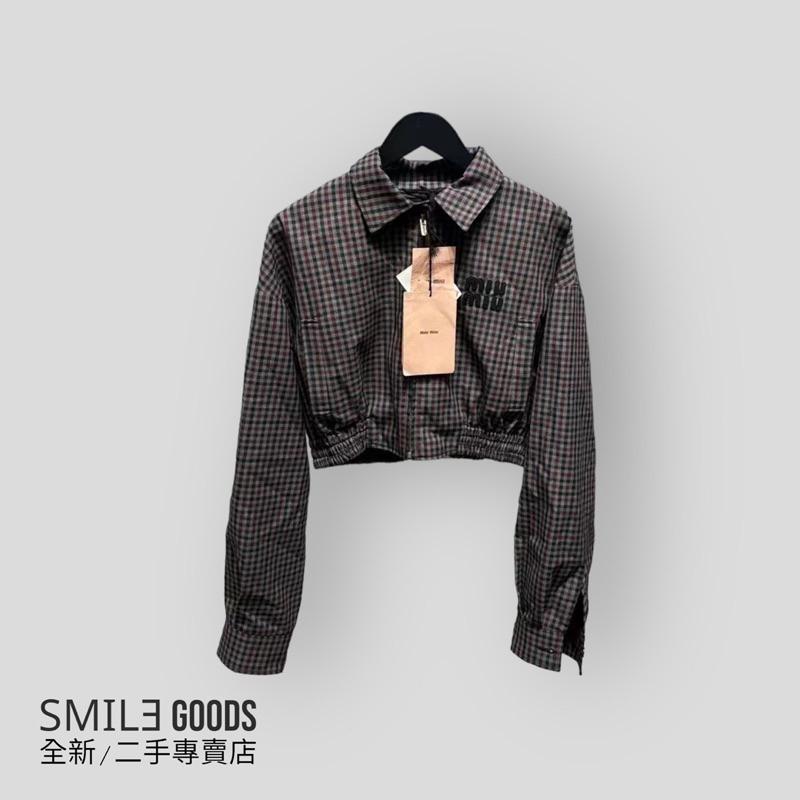 [SMILE] Miumiu 2023ss棕色格紋滿logo 植絨miumiu字母 女士短款拉鍊夾克