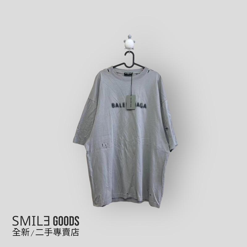 [SMILE] BALENCIAGA 灰色大破洞模糊字母logo短袖
