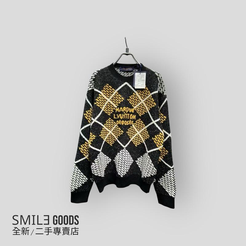 [SMILE] Louis Vuitton 胸前刺繡字母logo 黑灰黃拼接格紋針織毛衣