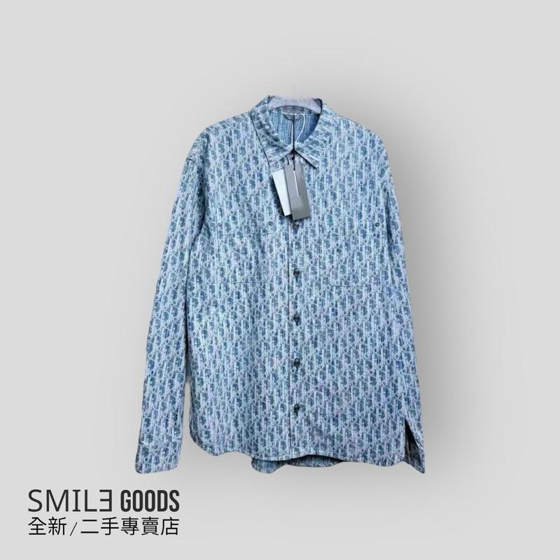 [SMILE] Dior 滿版logo藍色 棉質牛仔布白色 Oblique印花長袖襯衫