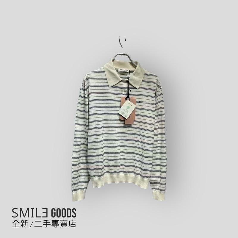 [SMILE] Miumiu 2024ss刺繡小logo字母 白色 米色黑條紋女士polo領 長袖衛衣