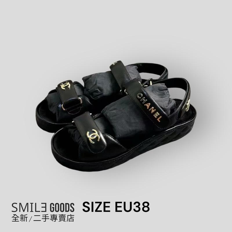 [SMILE] Chanel 黑金色稜格紋全牛皮涼鞋