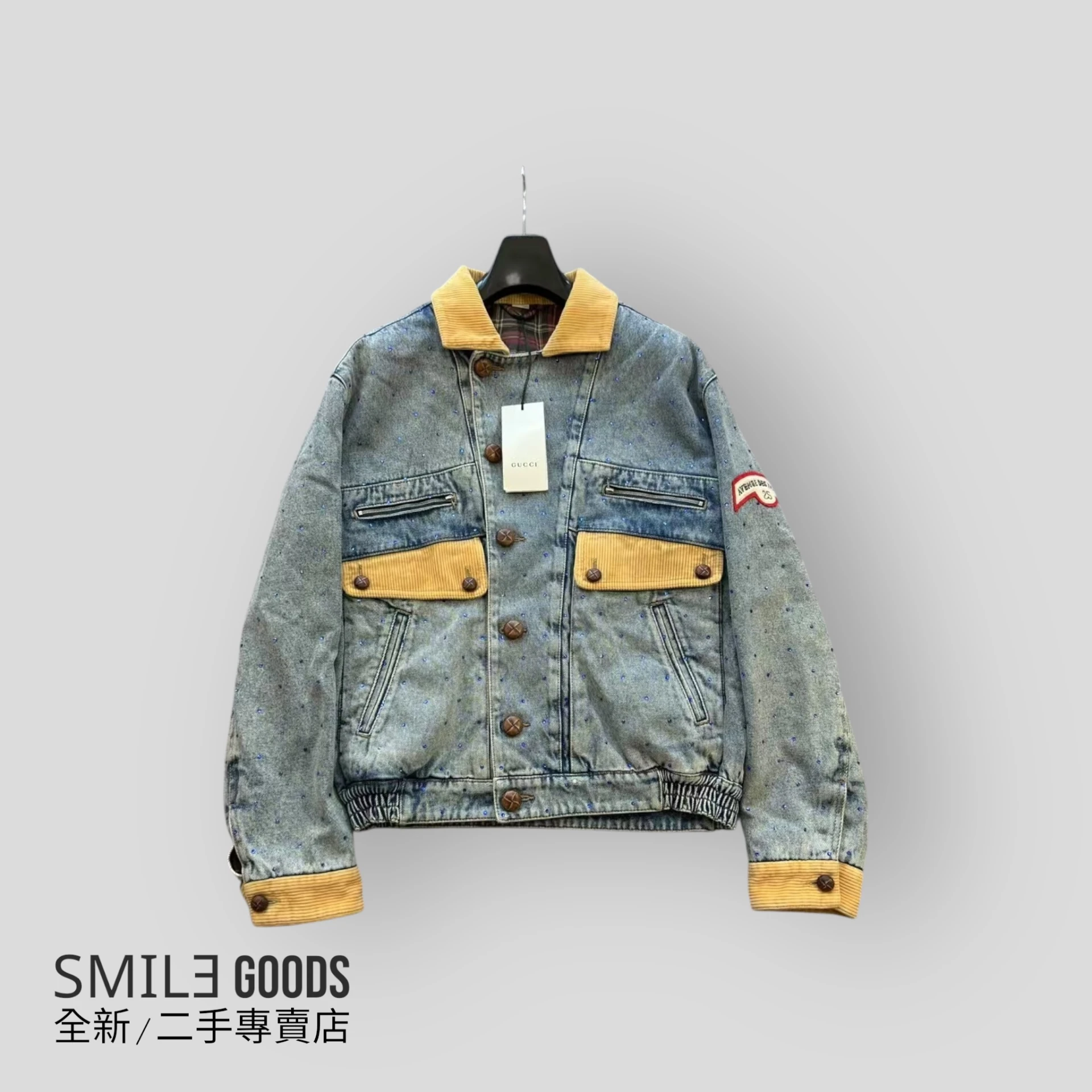 [SMILE] Gucci 燈芯絨領 木扣 藍色滿鑽 牛仔夾克